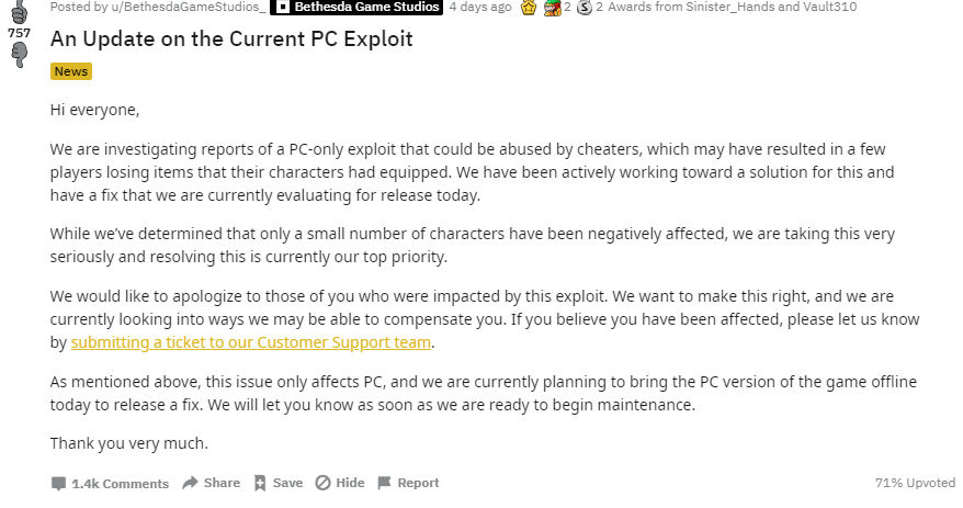 Кража предметов Fallout 76 на публичных серверах поправлена